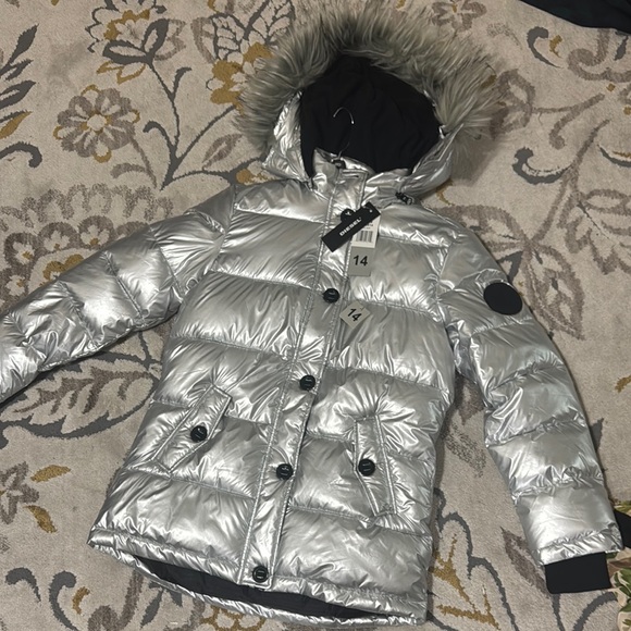 Silver Puffer Jacket with Faux Fur Hood